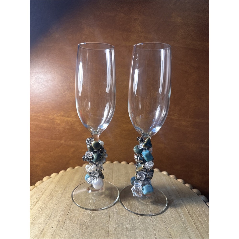 Clear Wine Glasses (Set Of 2) with Wire and Beaded Stems - Shades Blue/green